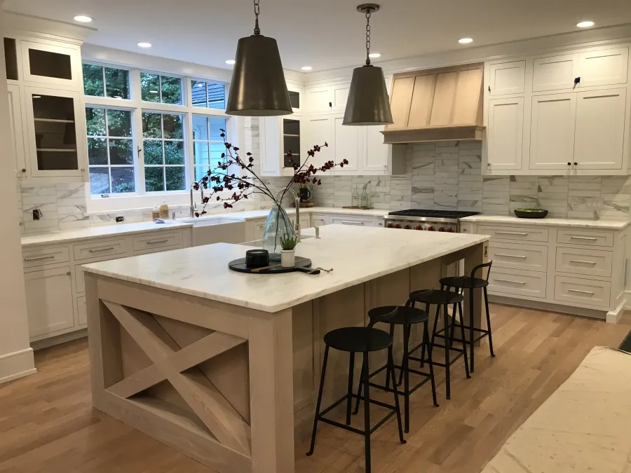 Custom white kitchen with island, built in Chatham NJ
